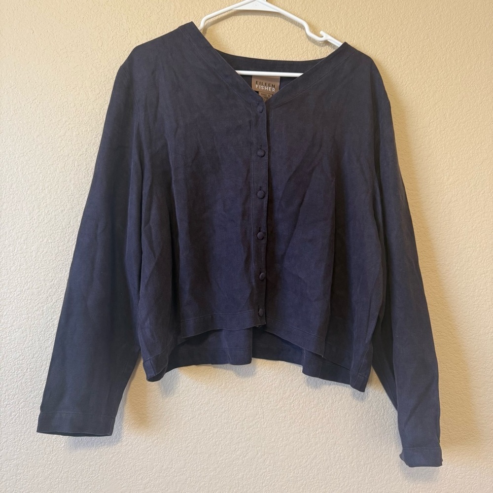 Eileen Fisher Navy Blue Button-Up Top M/L 100% silk